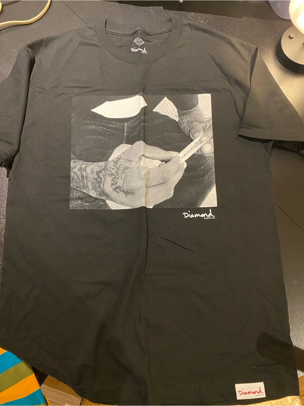 Diamond Supply Co. Black Crewneck Tee with Monochrome Hand Graphic
